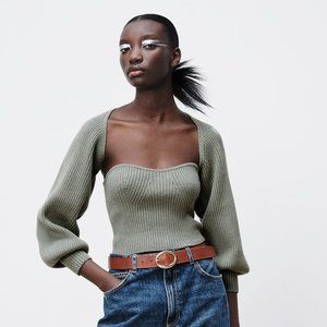 Zara Cropped Knit Top and Knit Arm Warmer Sweater Set in Green Size Small/Medium